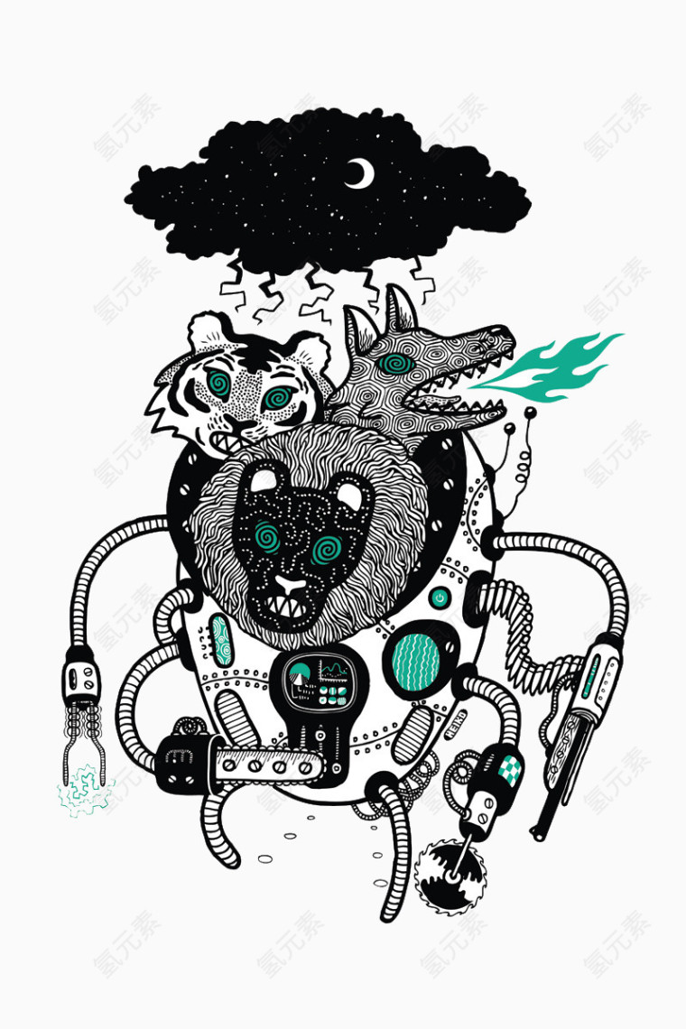 卡通三头机器人