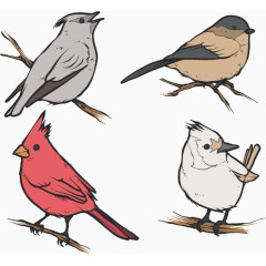 手绘四只冬天小鸟
