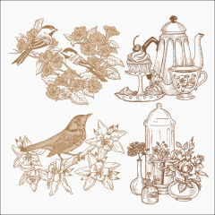 复古手绘花鸟画设计矢量素材