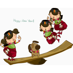 玩翘翘板的卡通女孩