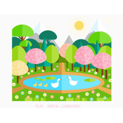 春季池塘风景矢量素材