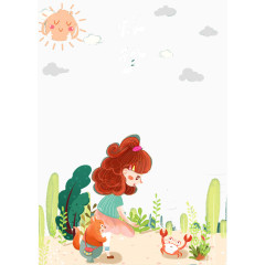 摘花的小女孩插画