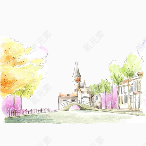 手绘水彩欧式街景风光插画
