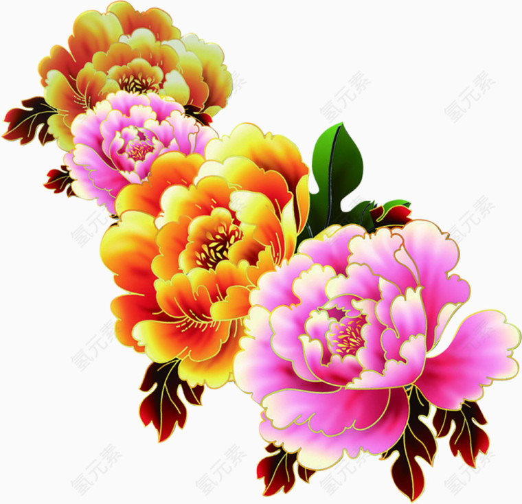 华丽手绘卡通牡丹七夕情人节