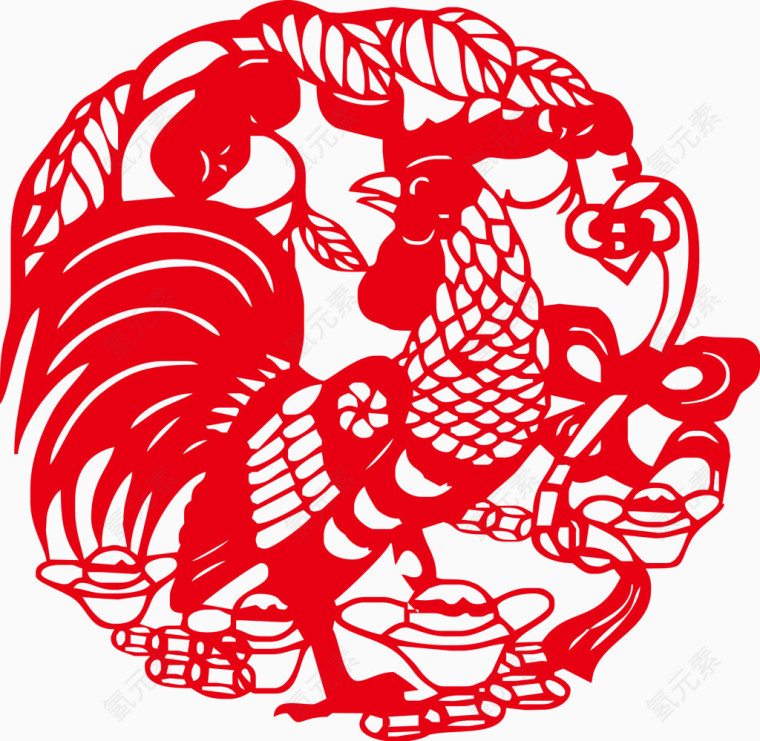 剪纸公鸡元宝树叶圆形矢量