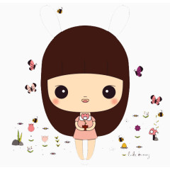 卡通手捧小花女孩