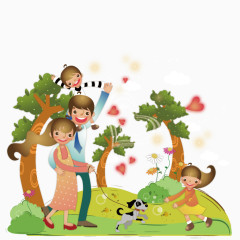 牵着小狗春游的一家