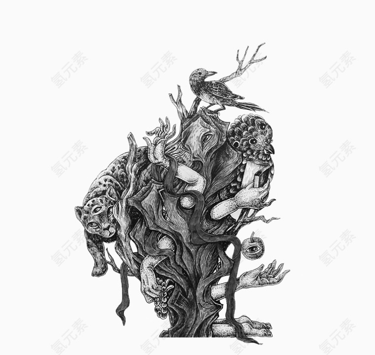 手绘素描千手怪物