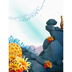 卡通手绘海底生物石头鱼群