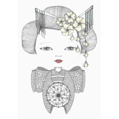 黑白日式歌姬插画