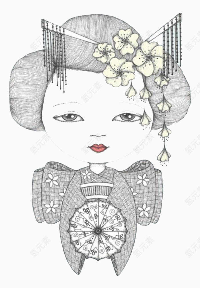黑白日式歌姬插画