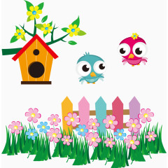 矢量鸟窝与可爱的小鸟