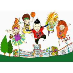 手绘男生篮球场插画