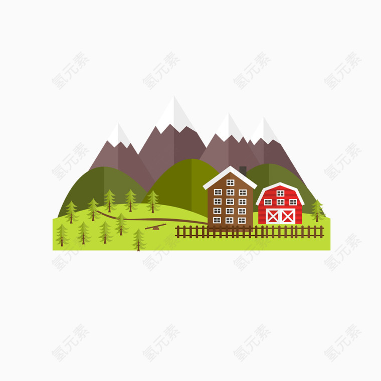 矢量扁平树林山丘房屋风景