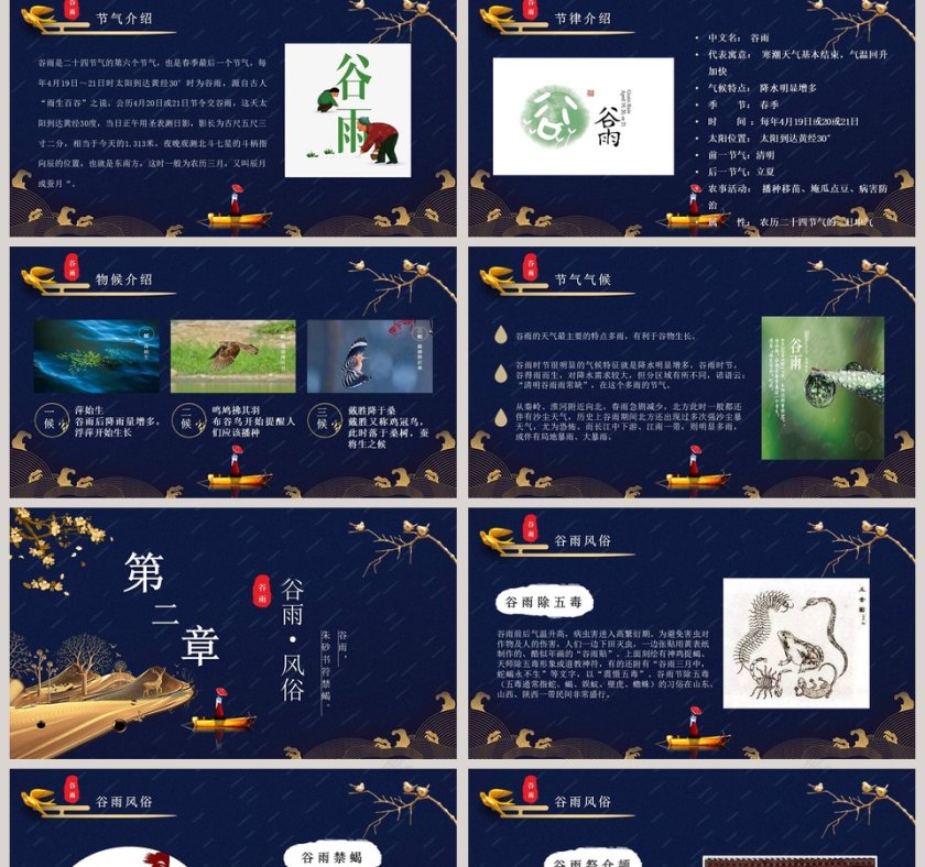 蓝色二十四节气手绘谷雨节气通用PPT模板第2张
