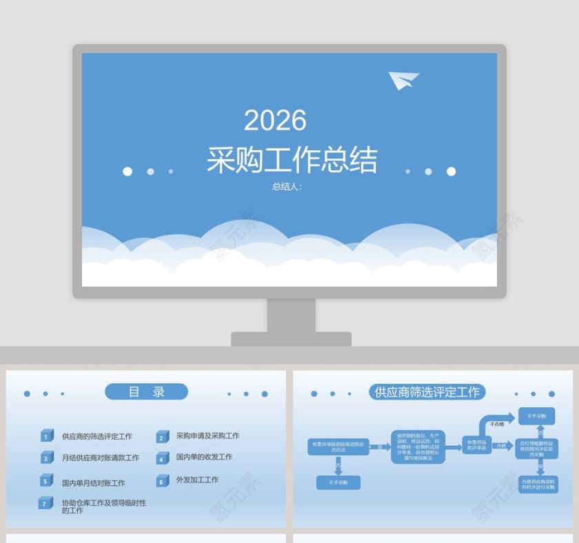蓝色简洁采购工作总结PPT模板第1张
