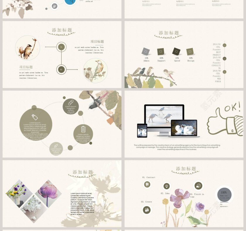 欧美复古绘鸟PPT模板第4张