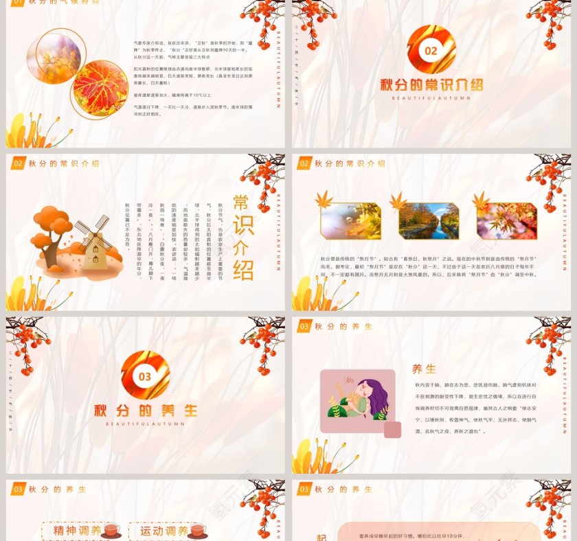 简约清新金色二十四节气秋分文化宣传PPT模板第2张