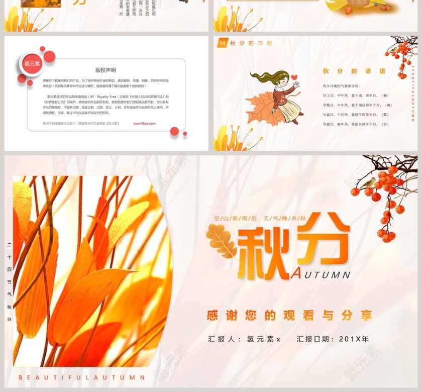 简约清新金色二十四节气秋分文化宣传PPT模板第4张