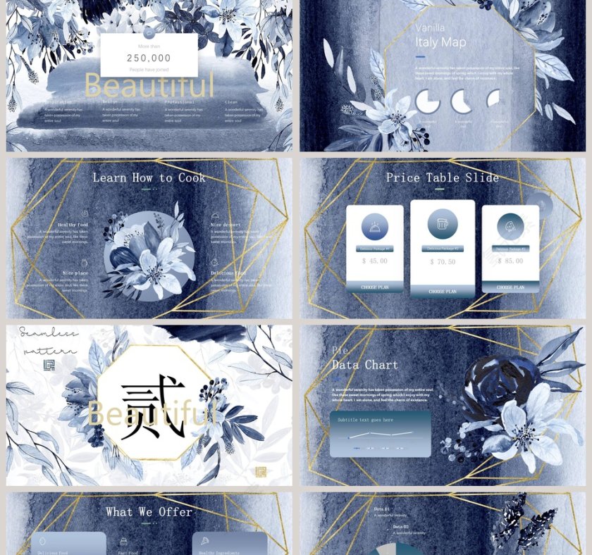 简约大气扎染水彩水墨蓝色花朵工作总结PPT模板第2张