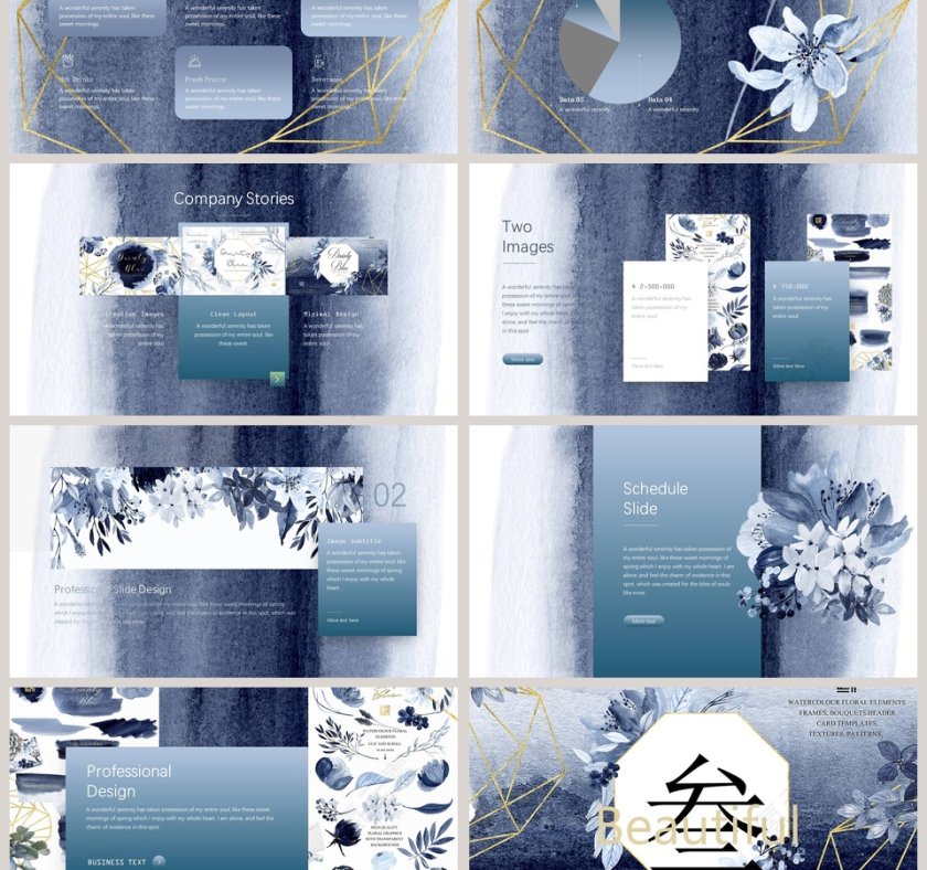 简约大气扎染水彩水墨蓝色花朵工作总结PPT模板第3张