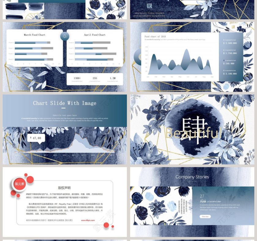 简约大气扎染水彩水墨蓝色花朵工作总结PPT模板第4张