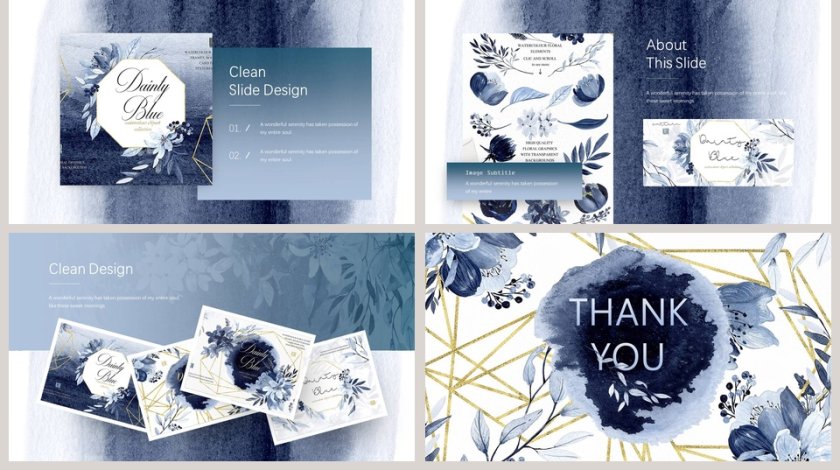 简约大气扎染水彩水墨蓝色花朵工作总结PPT模板第5张