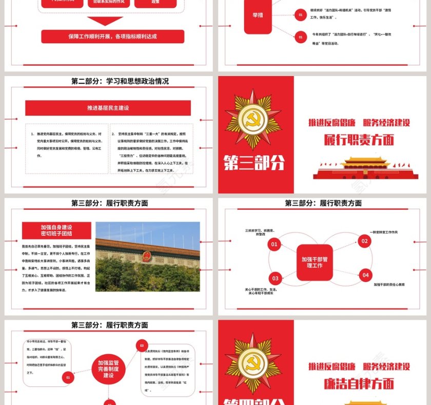 红色党政风党支部书记述职述廉报告PPT模板第3张