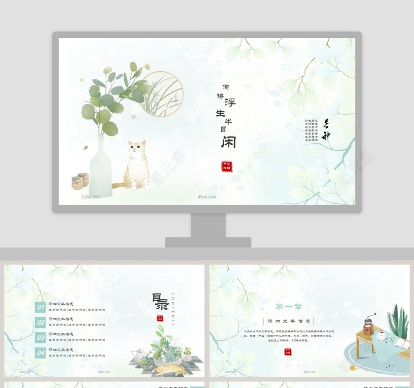 简约清新偷得浮生半日闲通用PPT模板第1张