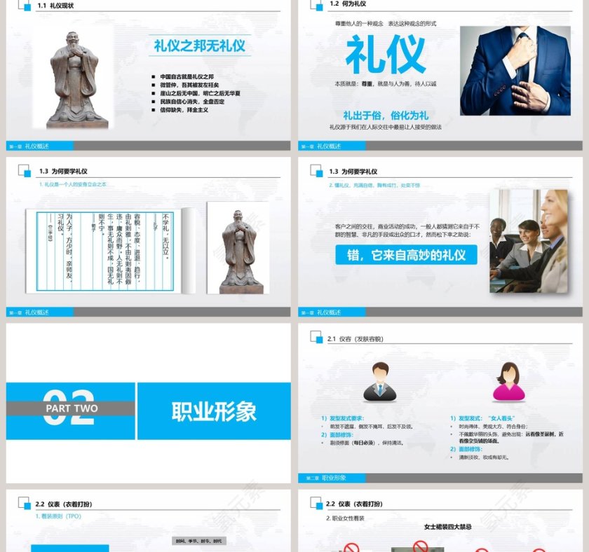 蓝色简约大气商务风格商务礼仪培训PPT模板第2张
