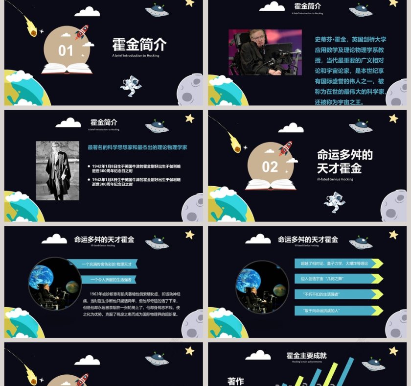 黑色太空伟人物理学家科学奇才霍金介绍动态ppt  第2张