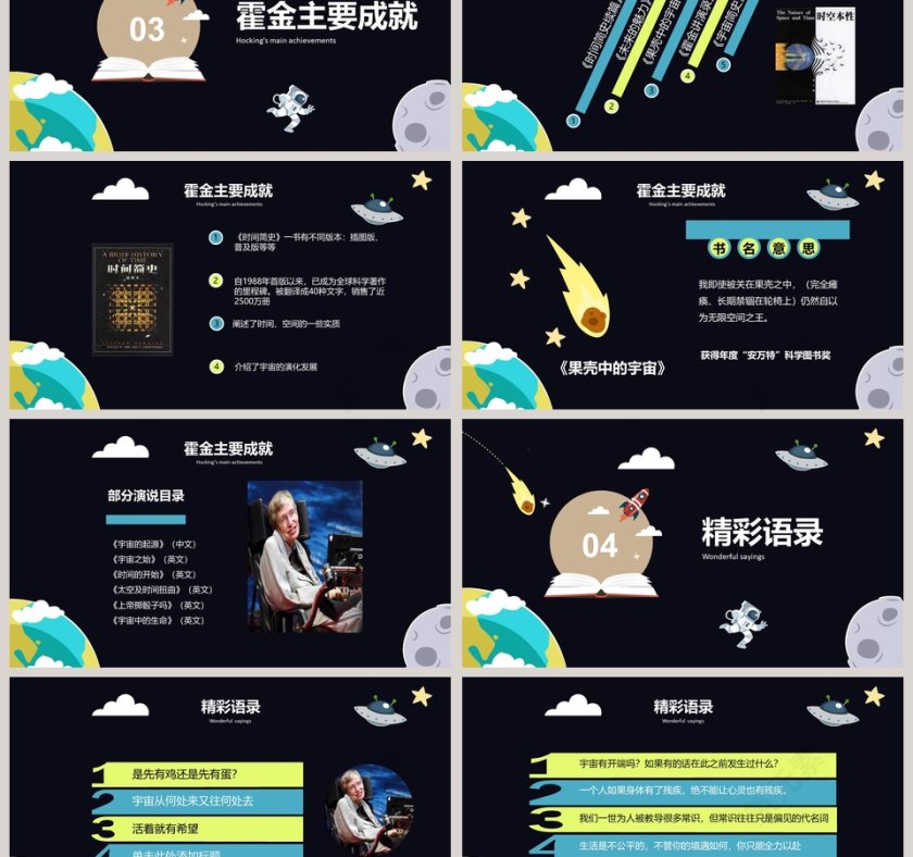 黑色太空伟人物理学家科学奇才霍金介绍动态ppt  第3张