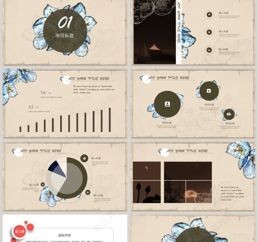 复古花卉欧美复古主题PPT模板第2张