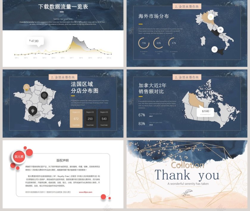 金箔水墨色块梦幻甜美水彩小清新动态ppt模板第5张