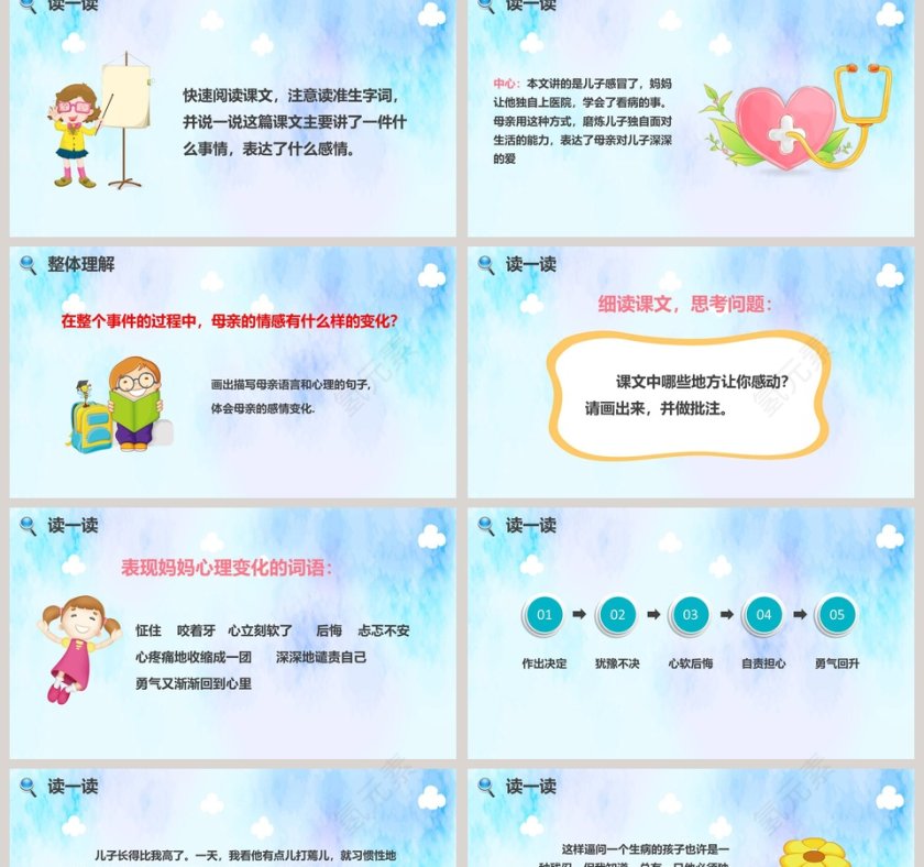 彩色简约清新卡通五年级语文课件《学会看病》PPT第2张
