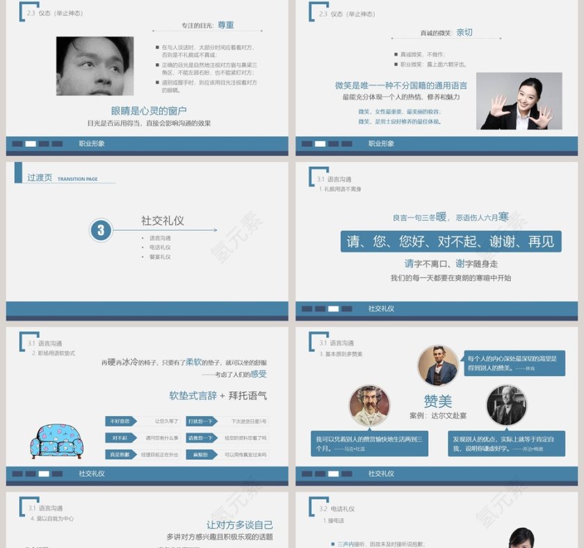 蓝色简约商务礼仪培训ppt模板第5张