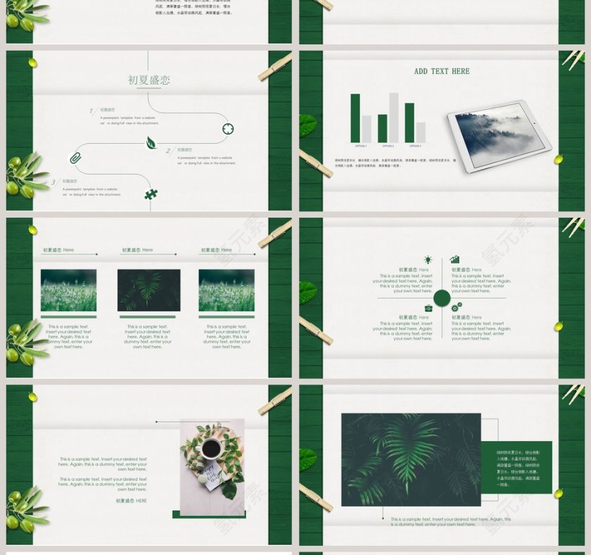 绿色清新简约唯美初夏盛恋PPT模板第4张