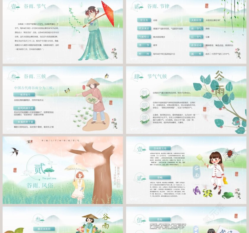 绿色手绘二十四节气谷雨卡通PPT模板第2张