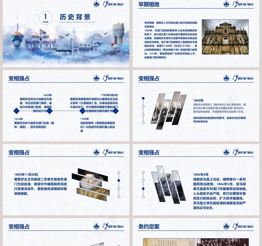 蓝色简约大气澳门回归19周年纪念日PPT第2张