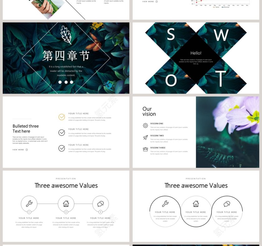 深绿清新大气简约夏天你好PPT模板第4张