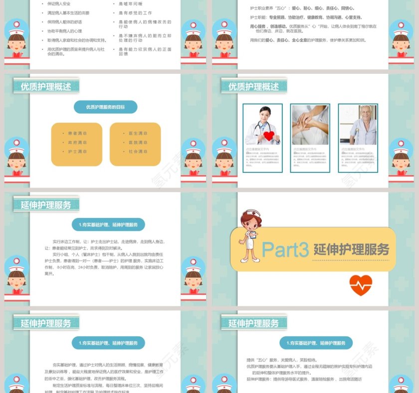 卡通背景风格医疗优质护理服务ppt模板第3张