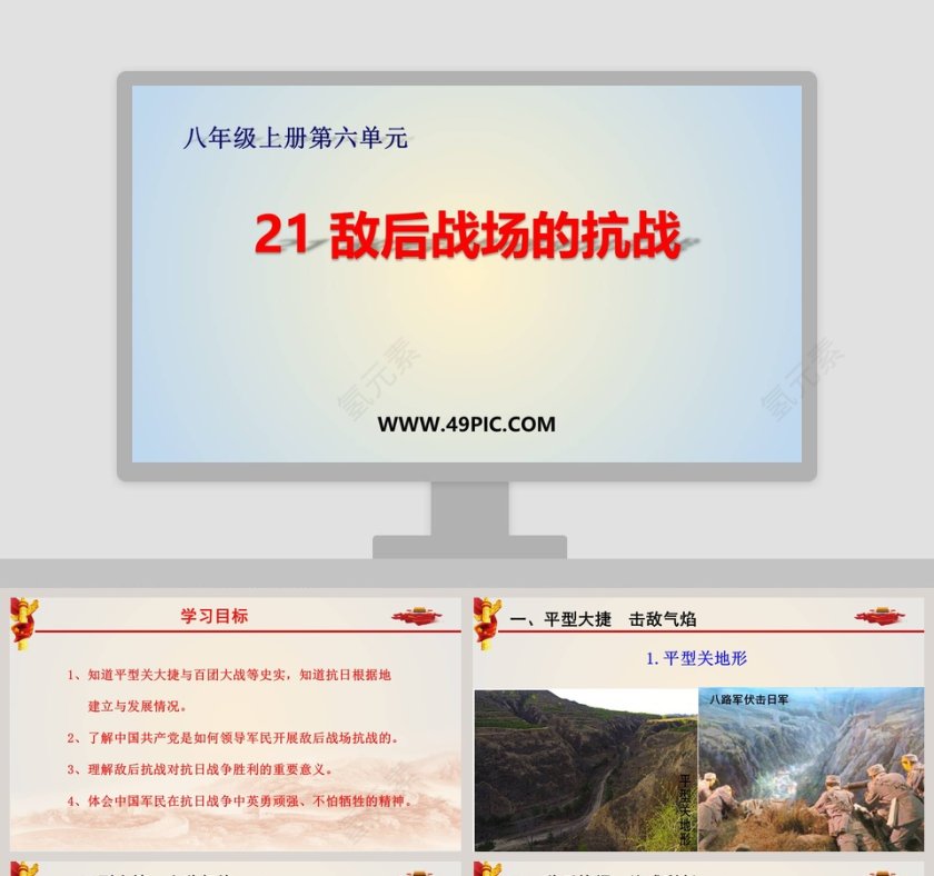 基于PPT模板的21敌后战场的抗战八年级上册第六单元课件设计第1张