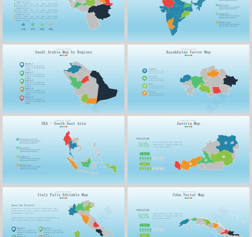 30款世界多国地图PPT模板素材第3张