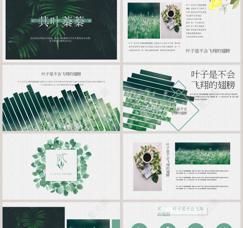 手绘叶子系列工作总结PPT 模板第2张