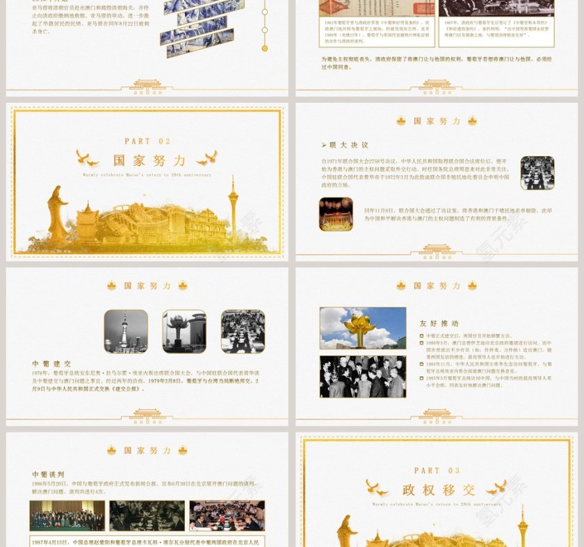 金色大气热烈庆祝澳门回归20周年党建PPT模板第3张