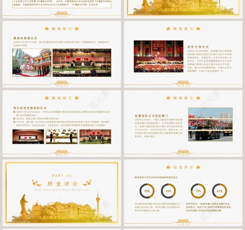 金色大气热烈庆祝澳门回归20周年党建PPT模板第4张