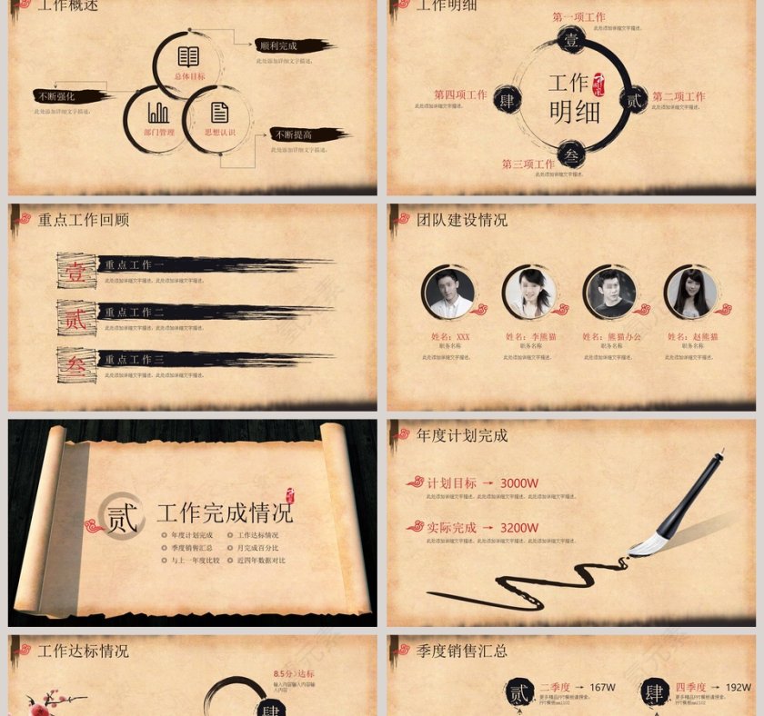 古典卷轴风格工作总结暨新年计划PPT模板第2张