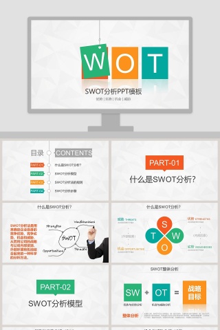 彩色简洁实用SWOT分析报告PPT模板