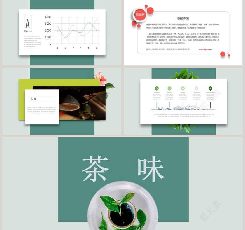 绿色大气清新茶文化创意悬浮卡片动态PPT模板第5张