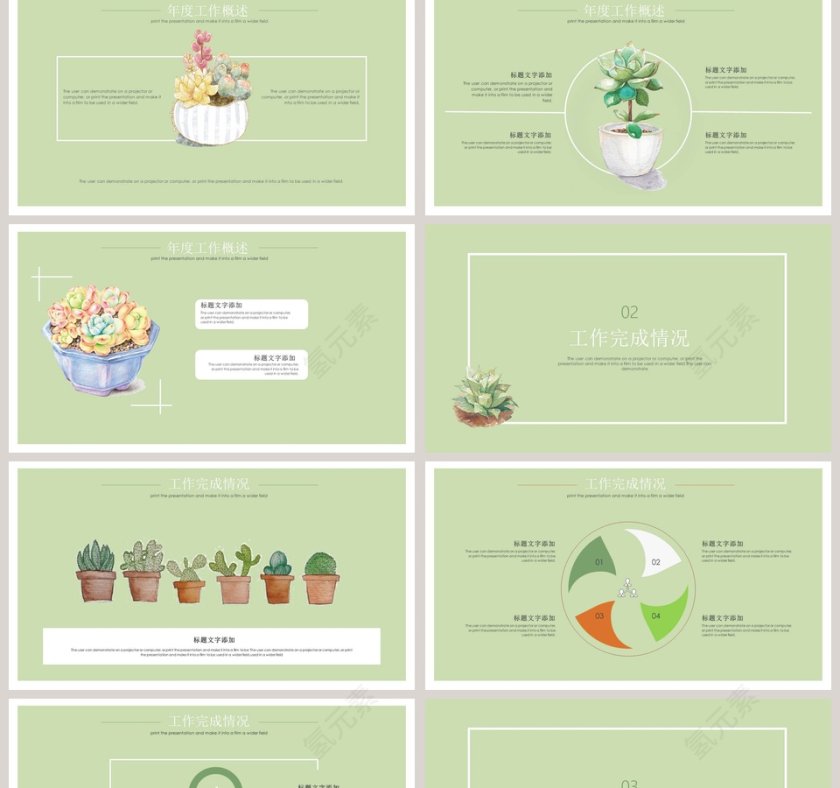 简约手绘多肉植物工作汇报PPT模板第2张